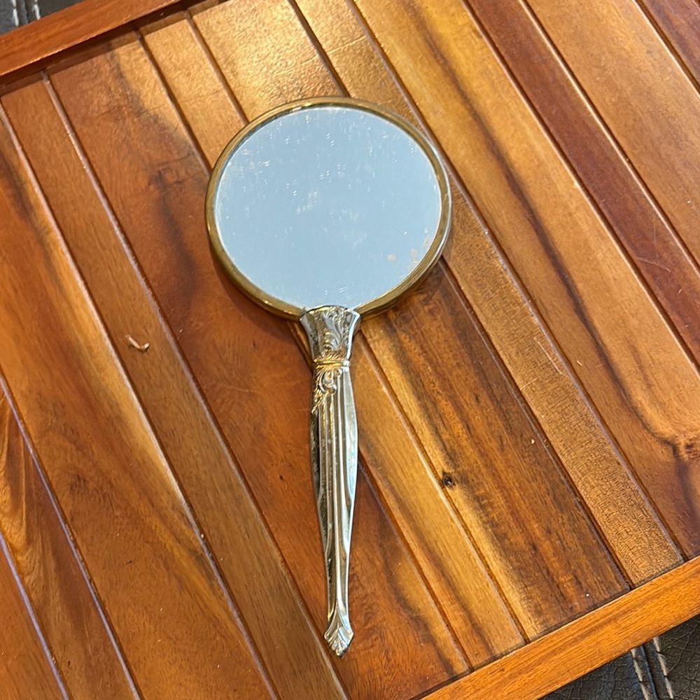 Vintage Art-Deco Gold-Tone Hand Held Vanity Dressor Mirror 30s 40s